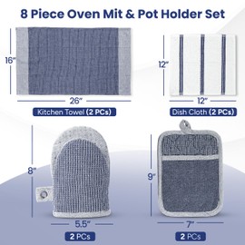 Casa Platino Mini Oven Mitts Set, 8-Piece – 500°F Heat Resistant Silicone Oven Mitts, Potholders for Kitchens, 2 Kitchen Towels & 2 Dish Cloths – Non-Slip & Durable – Indigo