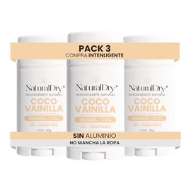 NaturalDry Desodorante Natural que SÍ FUNCIONA | Delicioso aroma Coco Vainilla | Sin Aluminio | Sin Parabenos | Desodorante Mujer | No macha la ropa | Protege del mal olor hasta 24 Horas | 50 G (3 Unidades)