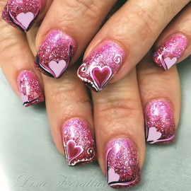 Pink Press on Nails Short Square Fake Nails Glitter Heart Designs False Nails Glossy Glue on Nails Pink Purple Acrylic Nails Valentines Full Cover Stick on Nails for Women Nail Art Manicure 24 Pcs