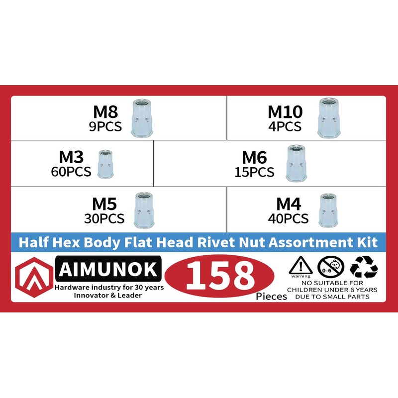 AIMUNOK 158Pcs M3 M4 M5 M6 M8 M10 Half Hex