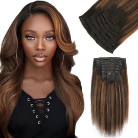 Yuniffe Yaki Straight Clip in Hair Extensions for Black Women Real Human Hair Clip ins Rooted Black Fading to Natural Black #1B Mixed With Auburn #30 Double Weft Remy Yaki Hair 16 Inch 7Pcs 120g