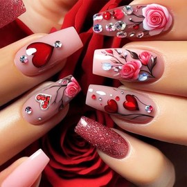 3D Love Heart Press on Nails Valentines Acrylic Fake Nails Medium Square Glossy Pink Rose False Nails Rhinestones Stick on Nails Romantic Gift Gel Glue on Nails for Coquette Women Girls 24Pcs