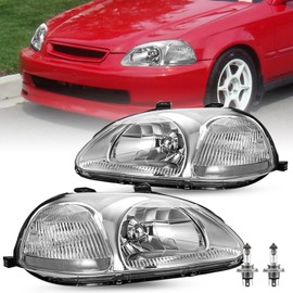 SOCKIR Headlight Assembly Set w/Bulbs Compatible with 1996 1997 1998 Honda Civic OEM Headlamp HO2502110 HO2503110 (Chrome Housing with Clear Reflector)