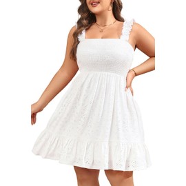 Talisea Women’s Plus Size White Dresses Summer Casual Eyelet Sleeveless Smocked Flowy Ruffle A-Line Cute Teen Short Sundress
