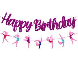 Gymnastics Birthday Banner Gymnast Theme Decoration Glitter Purple Happy Birthday Garland for Girl Gymnastics Bday Party Supplies