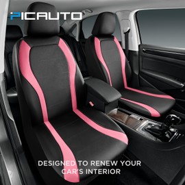 PIC AUTO Leather Car Seat Covers, Premium Automotive Waterproof Two Front Bucket Car Seat Protectors, Black and Pink PVC Patchwork, Fits for Cars, Trucks, Van, SUV, Airbag Compatible