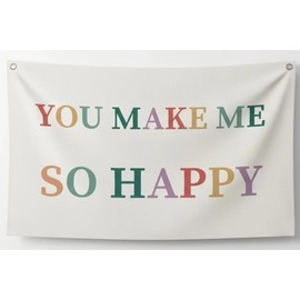 Canvas Wall Hanging Banner Decor (30"L x 20"W), "YOU MAKE ME SO HAPPY" Inspirational Quote Wall Art, Boho Minimalist Fabric Sign with Metal Grommets for Bedroom, Nursery & Home Decor
