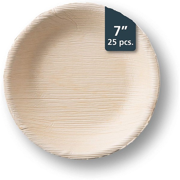 TheClearConscience - Palm Leaf Shallow Bowls, 7" round, 25 pcs, 1 inch deep, Bamboo & Wood Style, Biodegradable, Professional Usage
