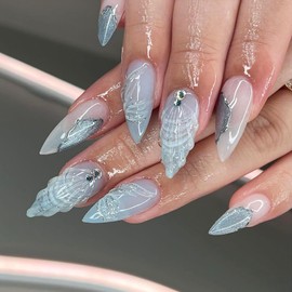 Medium Almond Fake Nails Light Blue Press on Nails KKUUOO French False Nails with Shell Design Rhinestones Press on Nails Glossy Acrylic Nails Stick on Nails for Women Girls 12Size 24Pcs