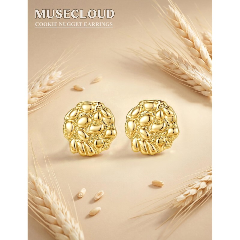 MUSECLOUD 14K Gold Plated Nugget Earrings for Men, M, Round,