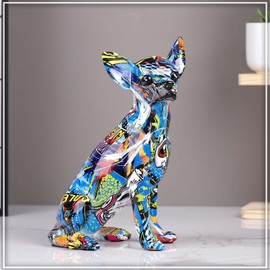 orenm Bunte Chihuahua-Statue, Moderne Graffiti-Kunst, Mehrfarbig, Hundefigur, Kunstharz, Heimdekoration, Spritzfarbe, Tierskulptur, Ornament, Welpenfigur, modernes Heimbüro, Desktop-Dekoration