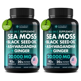 2 Pack Irish Sea Moss Black Seed Oil Ashwagandha Ginger, 20,000mg Capsules, Seamoss Black Seed Oil Ashwagandha Burdock Root, Sea Moss and Ashwagandha, All in One Supplement, 240 Sea Moss Capsules