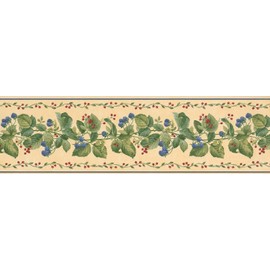 CONCORD WALLCOVERINGS ™ Wallpaper Border Floral Pattern Leaves Berries for Kitchen Cottage Living Room, Yellow Green Red Blue, 15 ft by 7 in BKB2956