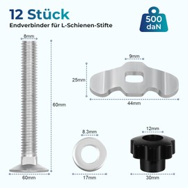 Pack of 12 Single Screw Fitting for Airline Rail, M8 x 60 Airline Fitting with Black Star Handle, Airline Rail Accessories, 500 daN Lashing Rails End Fitting Galvanised