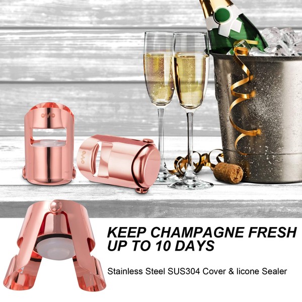 OWO Champagne Stopper, Stainless Steel Bottle Plug Sealer for Sparkling Wine, Superior Leak-Proof Bubble Retaining Saver, No Sharp Edge, No Spill, Fizz Saver, Passed Press Test (Rose Gold)