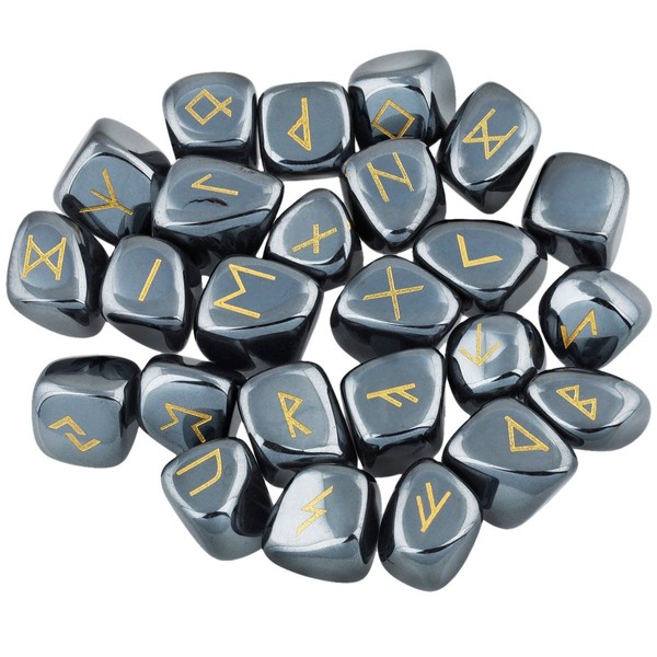 mookaitedecor Hematite Runes Stones Set (25 Pieces), Tumbled Gemstone with Carved Rune Words for Fortune Telling, Crystal Healing Reiki