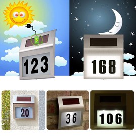 Meision House Number Illuminated Solar Stainless Steel House Number with 2 LEDs Solar House Number for Outdoor Use with Twilight Switch IP65 Waterproof with Numbers 0-9 and Letters a-h