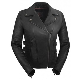 True Element Womens Motorcycle Leather Jacket with Side Buckles (Black, Size 3XL)