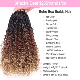 Unionbeauty 8 Packs 14 Inch Boho Box Braids Crochet Hair with Curly Ends Bob Bohemian Hippie Braids Pre-looped Messy Goddess Box Braids Hair Ombre Synthetic Braiding Hair Extension for Black Woman 53#