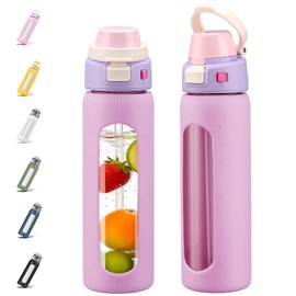 MUKOKO 2-in-1 Borosilicate Glass Water Bottle with Straw for Sports and Travel, 24oz Drinking Bottle with Silicone Sleeve, BPA Free, Leak Proof, Pink