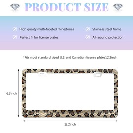 MUQIDA Bling License Plate Frame, Sparkly Rhinestone Car Tag Cover with Glittery Screw Caps, Stainless Steel Handcrafted Crystal Licence Plate Holder for Women, Car Accessories (Leopard Print)