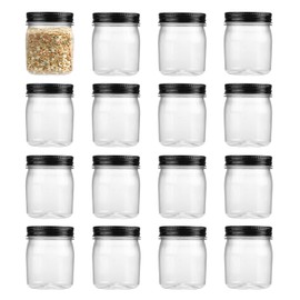 OMNISAFE 8 Ounce Clear Plastic Mason Jars With Screw On Lid, Reusable Empty Jars for Food Storage, Round BPA Free Containers for Sealing, Dry Food, Snacks, Candies, Breakage-proof, (Black - 16 Pack)