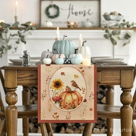 Artoid Mode Birds Pumpkins Leaves Flowers Autumn Table Runner, Seasonal Fall Kitchen Dining Table Decoration for Home Party Decor 40x140 cm