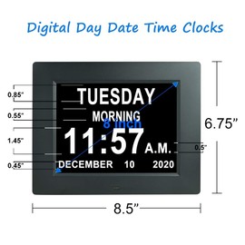 Extra Large Digital Calendar Day Date Time of Week Clock Non-Abbreviated Day & Month 12 Alarm Options Perfect for Seniors Elderly with Dementia Impaired Vision Memory Loss Clocks (8 Inch)