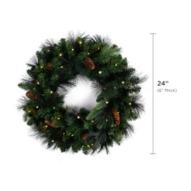 Papyrus 24" Pre-Lit Carolina Pine Artificial Wreath, Pine Cones, Warm White Light, Battery Powered, Indoor/Outdoor