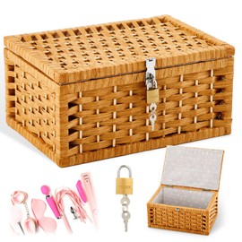 Cinnvoice Discreet Lockable Adult Toy bag Storage Organizer Case for Women and Men, Adult Game Toy Wicker Baskets with Lid and Lock, 13.8 x 9.8 x 6.3 Inch Storage Box for Toys Container(Brown)