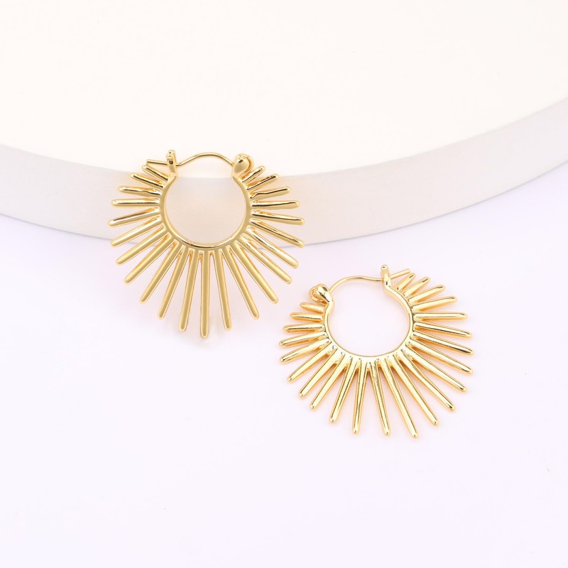 BaubleStar Sunburst Hinged Hoop Earrings Gold Trendy Statement Chunky Thin