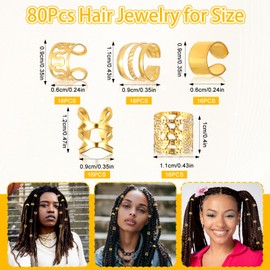 BOHUIZ 80 PCS Gold Dreadlock Beads Locs Accessories, Jewelry for Braids, Hair Dreadlock Accessory Braid, Adjustable Cuffs Braiding Hair Rings for Dreadlocks Accessory for Men Women(Gold)