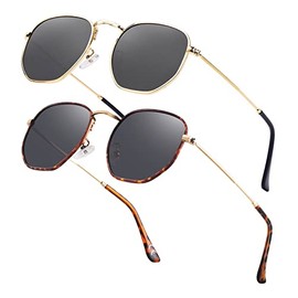 Hipster anteojos de sol polarizadas hexagonales para hombres y mujeres, geométricas cuadradas, pequeñas, con marco de metal clásico, T01-2pack/Gold Frame Black Lens/Tortoise Frame Grey Lens,