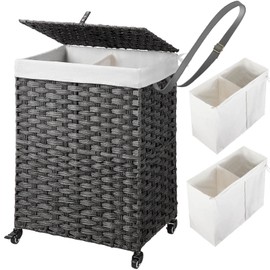 Greenstell Laundry Hamper with Wheels, No Install Needed, 90L Divided Handwoven Hampers & 2 Removable Liner Bags, Rattan Clothes Laundry Basket with Lid & Handles, Foldable Hampers Gray 18x13x26.4 In