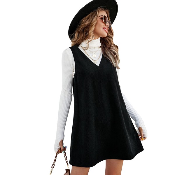 COZYEASE Women's V Neck Corduroy Pinafore Overall Sleeveless Corduroy Flared