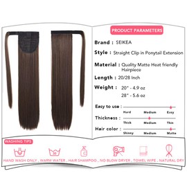 SEIKEA Clip in Ponytail Extension Wrap Around Straight Hair for Women (28", Dark Chocolate Brown)
