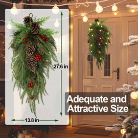 2024 Upgraded 27.6inch Prelit Christmas Teardrop Swag Norfolk Pine Swags Christmas Wreaths with Lights Greenery Stairway Swag Christmas Staircase Decorations for Door Indoor Outdoor Home Hanging Decor