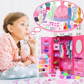 127pcs Doll Clothes Accessories and Closet for 11.5 inch Girl Doll,Dollhouse Wardrobe Storage Fashion Dress Gowns Outfits Swimsuits Tops Bottoms Shoe Rack High Heels Hangers Necklaces for 1/6 Doll
