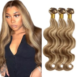 P4613 Bundle Highlight Blonde Body Wave Human Hair Bundles Ombre Brown Hair Weave Two Tone Color 4 Brown And Blonde Bundle 613 Body Wave 3 Bundles 20 22 24 Inch
