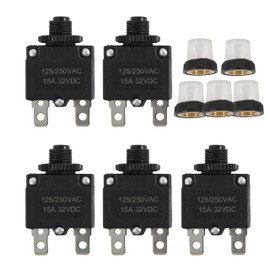 Tiwerlfe 5pcs Push Button Reset 15 Amp Circuit Breakers with Manual Reset 32VDC, Trolling Motor Plug Stabilizer AC125-250V with Quick Connect Terminals