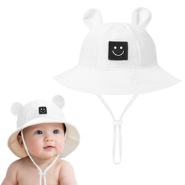 Baby Bucket hat Cute Infant Bear Sun Hat 3-12 Months UPF 50+ Sun Protection Summer Girls Boys Hats (White)