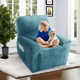 ZNSAYOTX 2025 Velvet Oversized Recliner Cover 3-Piece, Luxury Plush Recliner Chair Covers with Elastic Band & Ties Stay in Place, Stretch Reclining Slipcover for Lazy Boy Soft Washable (Peacock Blue)