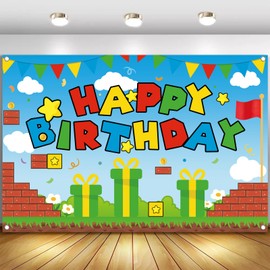 Red Green Theme Happy Birthday Photography Backdrop, 5x3ft Video Game Background Photo Booth Banner Props for Kids Girls Boys Birthday Baby Shower Holiday Party Decorations Supplies