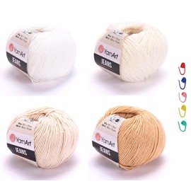 4 Skein YarnArt Jeans Yarn, Cotton Amigurumi Yarn Set, 2-Fine Knitting and Crochet Yarn, Multicolor Cotton Acrylic Thread, Soft Yarn for Crafter (Cream)