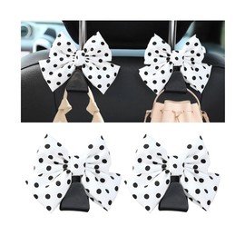 TSUGAMI Car Seat Headrest Hooks, 2PCS Cute Bow Vehicle Hanger for Purse Bags Coats, Multi-Function Automotive Seatback Hanging Organizer Accessories, Universal for SUV, Truck, Sedan (White/Polka Dot)