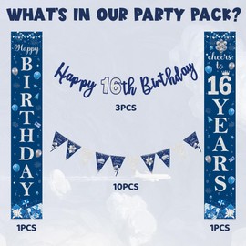 Blue 16th Birthday Decorations Banners - Blue Silver 16th Door Porch Sign Banner Party Decoration, Happy 16th Birthday Banner Bunting Triangle Flags for Boys Birthday Anniversary Decor Supplies