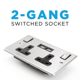 Status Stainless Steel Double Switched Power Plug Wall Socket with 2 x USB Ports, 13 Amp, 2 Gang, Wall Socket, Screw Through, Pack of 1 (SSS2G13A2USBSWS8)