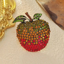 KINMOT Shiny Crystal Apple Brooch Pin - Vintage Green and Red Rhinestone Fruit Jewelry with Green Crystal Leaf and Stem Accents