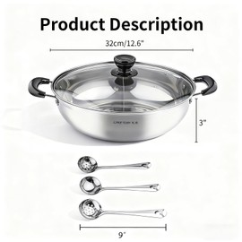 Stainless Steel Divided Hot Pot, Shabu Shabu Chinese Hot Pot Including 3 Spoons, Dual Sided Soup Cookware for Induction Cooktop Gas Stove, 12.6″