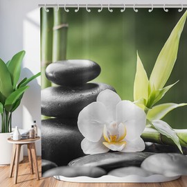 Hnmdmyi Zen Garden Shower Curtain, 180 x 200 cm, Spa Green Bamboo, Black Stone, White Flower, Bathtub Curtain, Japanese Meditation, Relaxing, Waterproof, Polyester Fabric, Washable Bath Curtain with